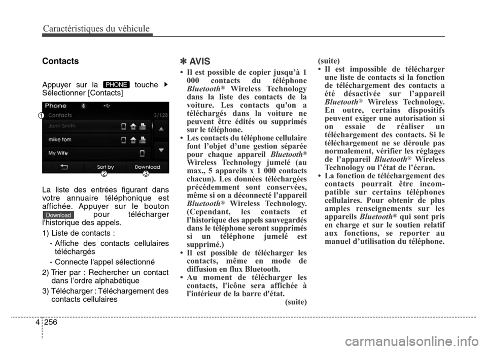 Hyundai Elantra 2016  Manuel du propriétaire (in French) Caractéristiques du véhicule
256
4
Contacts
Appuyer sur la  touche 
Sélectionner [Contacts]
La liste des entrées figurant dans
votre annuaire téléphonique est
affichée. Appuyer sur le bouton
po