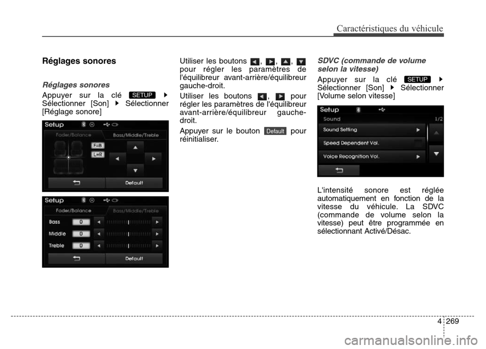 Hyundai Elantra 2016  Manuel du propriétaire (in French) 4269
Caractéristiques du véhicule
Réglages sonores
Réglages sonores
Appuyer sur la clé 
Sélectionner [Son]  Sélectionner
[Réglage sonore]Utiliser les boutons , , , 
pour régler les paramètre