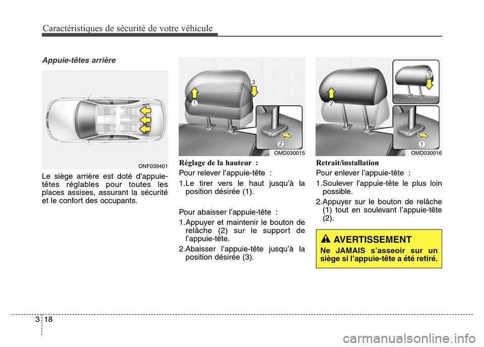 Hyundai Elantra 2016  Manuel du propriétaire (in French) Caractéristiques de sécurité de votre véhicule
18
3
Appuie-têtes arrière 
Le siège arrière est doté d’appuie-
têtes réglables pour toutes les
places assises, assurant la sécurité
et le 