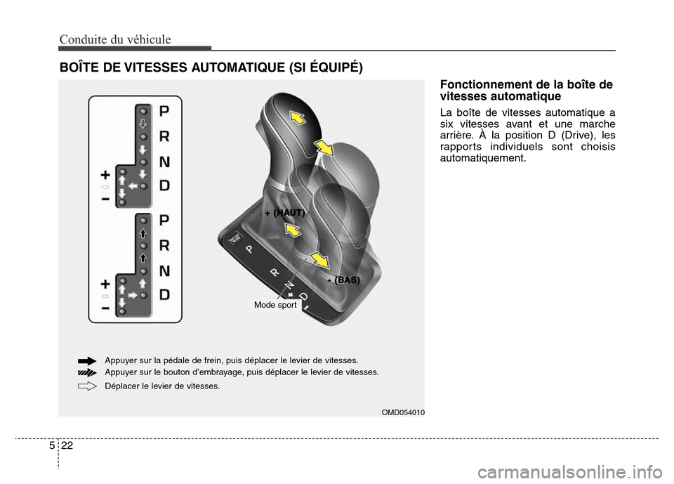 Hyundai Elantra 2016 Manuel du propriétaire (in French) Conduite du véhicule
22
5
Fonctionnement de la boîte de
vitesses automatique
La boîte de vitesses automatique a
six vitesses avant et une marche
arrière. À la position D (Drive), les
rapports ind Hyundai Elantra 2016 Manuel du propriétaire (in French) Conduite du véhicule
22
5
Fonctionnement de la boîte de
vitesses automatique
La boîte de vitesses automatique a
six vitesses avant et une marche
arrière. À la position D (Drive), les
rapports ind