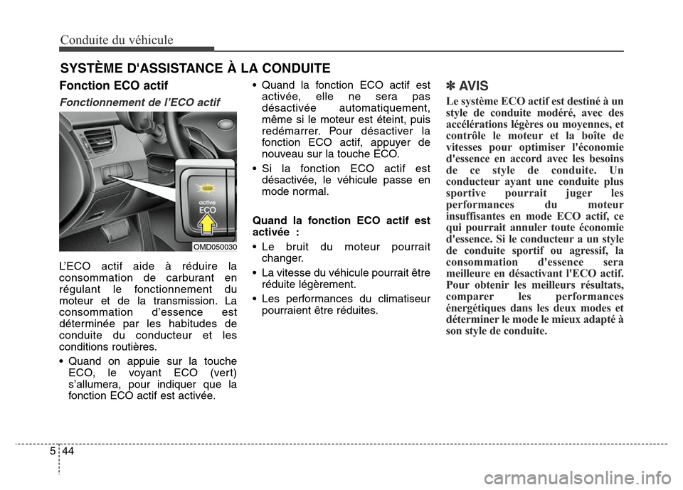 Hyundai Elantra 2016  Manuel du propriétaire (in French) Conduite du véhicule
44
5
SYSTÈME DASSISTANCE À LA CONDUITE   
Fonction ECO actif 
Fonctionnement de l’ECO actif
L’ECO actif aide à réduire la
consommation de carburant en
régulant le fonct