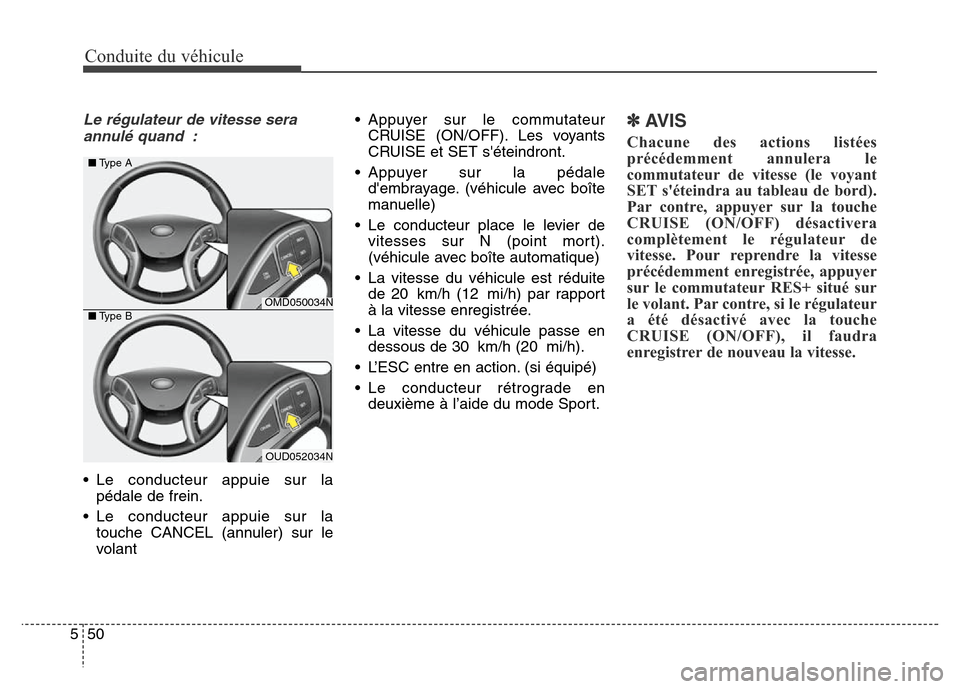 Hyundai Elantra 2016  Manuel du propriétaire (in French) Conduite du véhicule
50
5
Le régulateur de vitesse sera
annulé quand :
• Le conducteur appuie sur la pédale de frein.
• Le conducteur appuie sur la touche CANCEL (annuler) sur le
volant • Ap