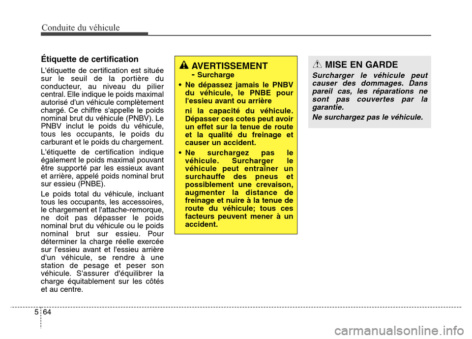 Hyundai Elantra 2016 Manuel du propriétaire (in French) Conduite du véhicule
64
5
Étiquette de certification
Létiquette de certification est située
sur le seuil de la portière du
conducteur, au niveau du pilier
central. Elle indique le poids maximal
Hyundai Elantra 2016 Manuel du propriétaire (in French) Conduite du véhicule
64
5
Étiquette de certification
Létiquette de certification est située
sur le seuil de la portière du
conducteur, au niveau du pilier
central. Elle indique le poids maximal