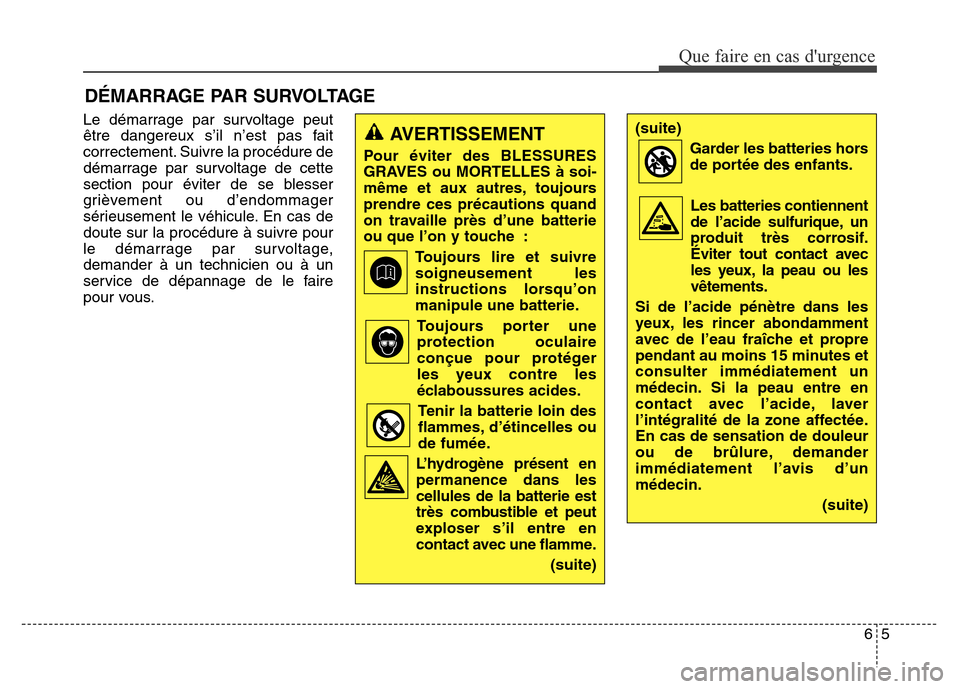 Hyundai Elantra 2016 Manuel du propriétaire (in French) Le démarrage par survoltage peut
être dangereux s’il n’est pas fait
correctement. Suivre la procédure de
démarrage par survoltage de cette
section pour éviter de se blesser
grièvement ou d Hyundai Elantra 2016 Manuel du propriétaire (in French) Le démarrage par survoltage peut
être dangereux s’il n’est pas fait
correctement. Suivre la procédure de
démarrage par survoltage de cette
section pour éviter de se blesser
grièvement ou d