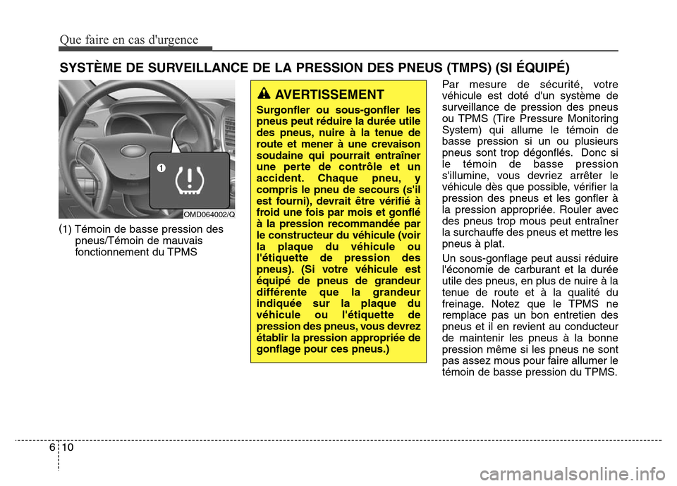 Hyundai Elantra 2016  Manuel du propriétaire (in French) (1) Témoin de basse pression des
pneus/Témoin de mauvais
fonctionnement du TPMS Par mesure de sécurité, votre
véhicule est doté dun système de
surveillance de pression des pneus
ou TPMS (Tire 