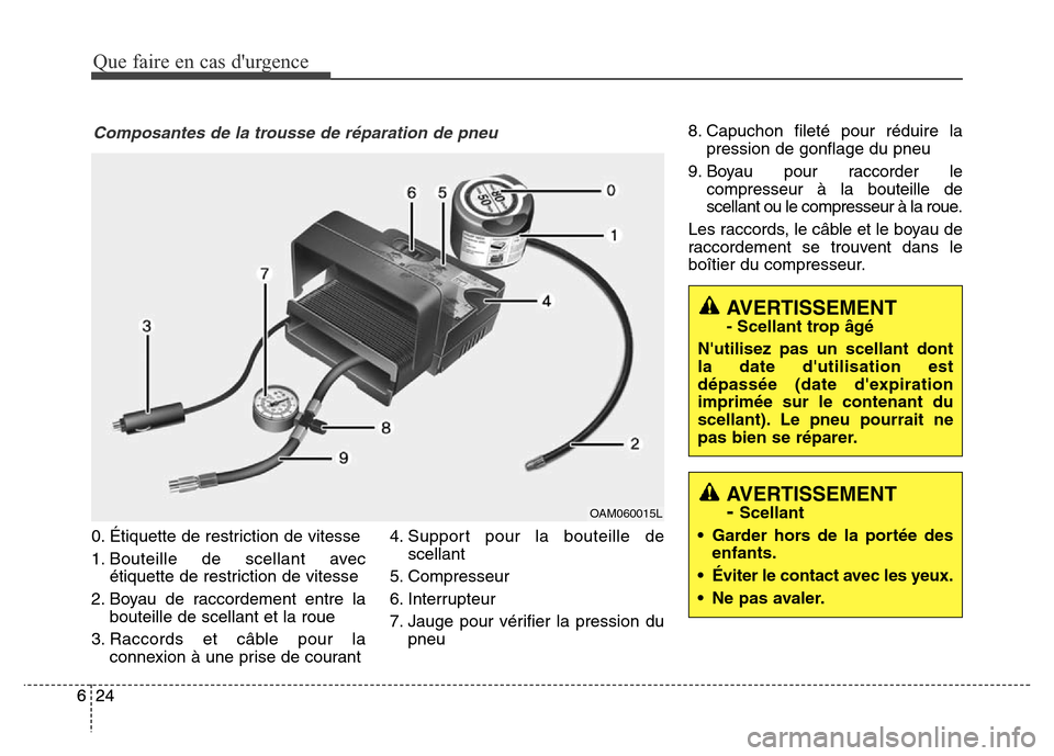 Hyundai Elantra 2016 Manuel du propriétaire (in French) Que faire en cas durgence
24
624
6 0. Étiquette de restriction de vitesse
1. Bouteille de scellant avec
étiquette de restriction de vitesse
2. Boyau de raccordement entre la bouteille de scellant e Hyundai Elantra 2016 Manuel du propriétaire (in French) Que faire en cas durgence
24
624
6 0. Étiquette de restriction de vitesse
1. Bouteille de scellant avec
étiquette de restriction de vitesse
2. Boyau de raccordement entre la bouteille de scellant e