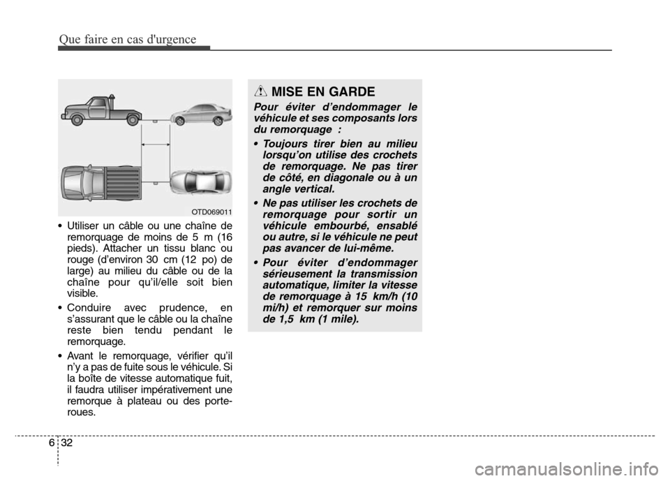 Hyundai Elantra 2016 Manuel du propriétaire (in French) Que faire en cas durgence
32
632
6 • Utiliser un câble ou une chaîne de
remorquage de moins de 5 m (16
pieds). Attacher un tissu blanc ou
rouge (d’environ 30 cm (12 po) de
large) au milieu du c Hyundai Elantra 2016 Manuel du propriétaire (in French) Que faire en cas durgence
32
632
6 • Utiliser un câble ou une chaîne de
remorquage de moins de 5 m (16
pieds). Attacher un tissu blanc ou
rouge (d’environ 30 cm (12 po) de
large) au milieu du c