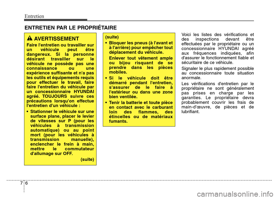 Hyundai Elantra 2016  Manuel du propriétaire (in French) Entretien
67
ENTRETIEN PAR LE PROPRIÉTAIRE
Voici les listes des vérifications et
des inspections devant être
effectuées par le propriétaire ou un
concessionnaire HYUNDAI agréé
aux fréquences i