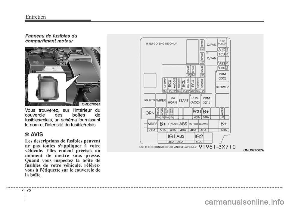 Hyundai Elantra 2016  Manuel du propriétaire (in French) 72
7
Entretien
Panneau de fusibles du
compartiment moteur
Vous trouverez, sur lintérieur du
couvercle des boîtes de
fusibles/relais, un schéma fournissant
le nom et lintensité du fusible/relais.