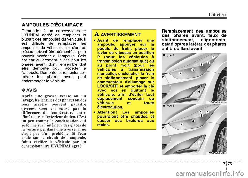 Hyundai Elantra 2016  Manuel du propriétaire (in French) 775
Entretien
AMPOULES DÉCLAIRAGE
Demander à un concessionnaire
HYUNDAI agréé de remplacer la
plupart des ampoules du véhicule. Il
est difficile de remplacer les
ampoules du véhicule, car daut