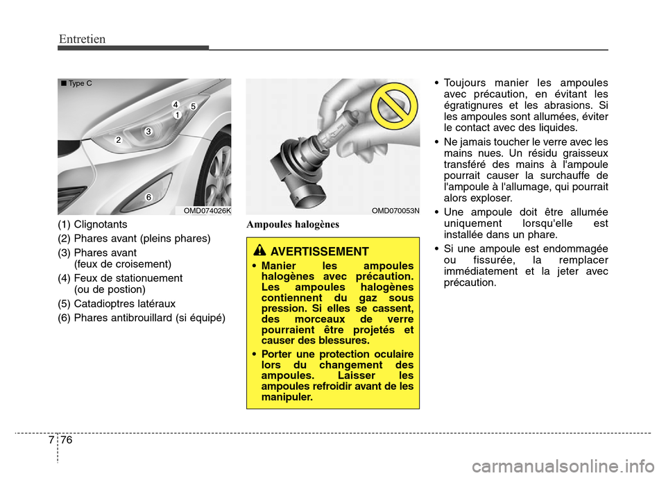 Hyundai Elantra 2016  Manuel du propriétaire (in French) 76
7
Entretien
(1) Clignotants
(2) Phares avant (pleins phares)
(3) Phares avant
(feux de croisement)
(4) Feux de stationuement (ou de postion)
(5) Catadioptres latéraux
(6) Phares antibrouillard (si