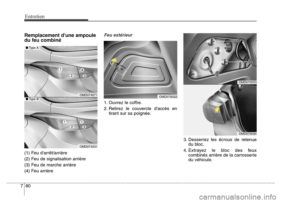 Hyundai Elantra 2016  Manuel du propriétaire (in French) 80
7
Entretien
Remplacement dune ampoule
du feu combiné
(1) Feu darrêt/arrière
(2) Feu de signalisation arrière
(3) Feu de marche arrière
(4) Feu arrière
Feu extérieur
1. Ouvrez le coffre.
2.