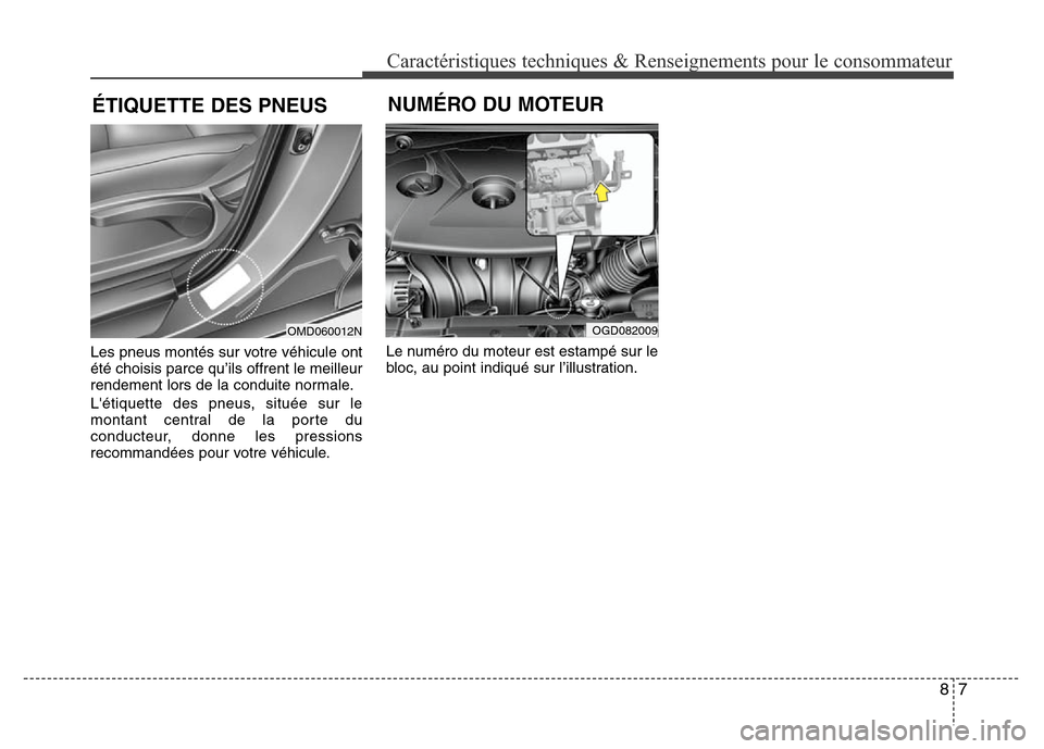 Hyundai Elantra 2016  Manuel du propriétaire (in French) 87
Caractéristiques techniques & Renseignements pour le consommateur
Les pneus montés sur votre véhicule ont
été choisis parce qu’ils offrent le meilleur
rendement lors de la conduite normale.
