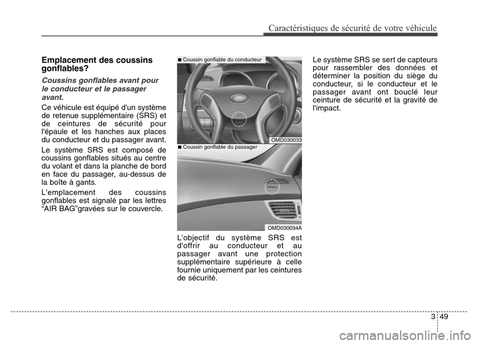 Hyundai Elantra 2016  Manuel du propriétaire (in French) 349
Caractéristiques de sécurité de votre véhicule
Emplacement des coussins
gonflables? 
Coussins gonflables avant pourle conducteur et le passageravant.
Ce véhicule est équipé dun système
de