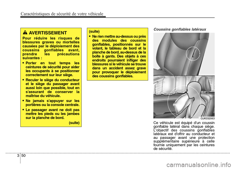 Hyundai Elantra 2016  Manuel du propriétaire (in French) Caractéristiques de sécurité de votre véhicule
50
3
Coussins gonflables latéraux
Ce véhicule est équipé dun coussin
gonflable latéral dans chaque siège.
Lobjectif des coussins gonflables
l