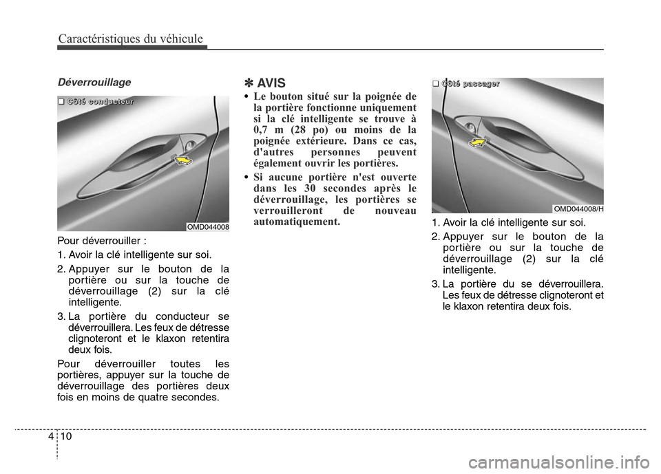 Hyundai Elantra 2016 Manuel du propriétaire (in French) Caractéristiques du véhicule
10
4
Déverrouillage
Pour déverrouiller :
1. Avoir la clé intelligente sur soi.
2. Appuyer sur le bouton de la
portière ou sur la touche de
déverrouillage (2) sur la Hyundai Elantra 2016 Manuel du propriétaire (in French) Caractéristiques du véhicule
10
4
Déverrouillage
Pour déverrouiller :
1. Avoir la clé intelligente sur soi.
2. Appuyer sur le bouton de la
portière ou sur la touche de
déverrouillage (2) sur la