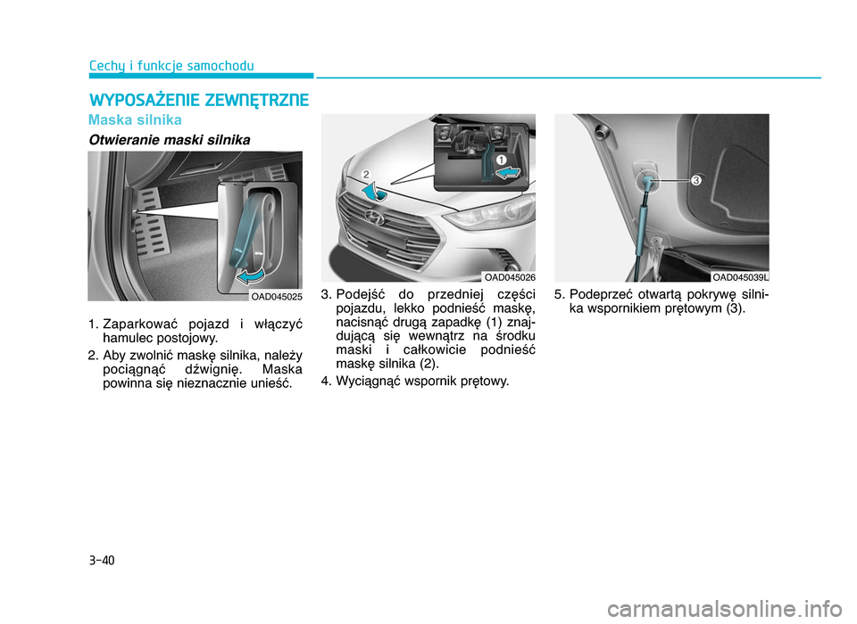 Hyundai Elantra 2016 Instrukcja Obsługi (in Polish) 3-40
Cechy i funkcje samochodu
Maska silnika
Otwieranie maski silnika
1. Zaparkować pojazd i włączyćhamulec postojowy.
2. Aby zwolnić maskę silnika, należy pociągnąć dźwignię. Maska
Hyundai Elantra 2016 Instrukcja Obsługi (in Polish) 3-40
Cechy i funkcje samochodu
Maska silnika
Otwieranie maski silnika
1. Zaparkować pojazd i włączyćhamulec postojowy.
2. Aby zwolnić maskę silnika, należy pociągnąć dźwignię. Maska