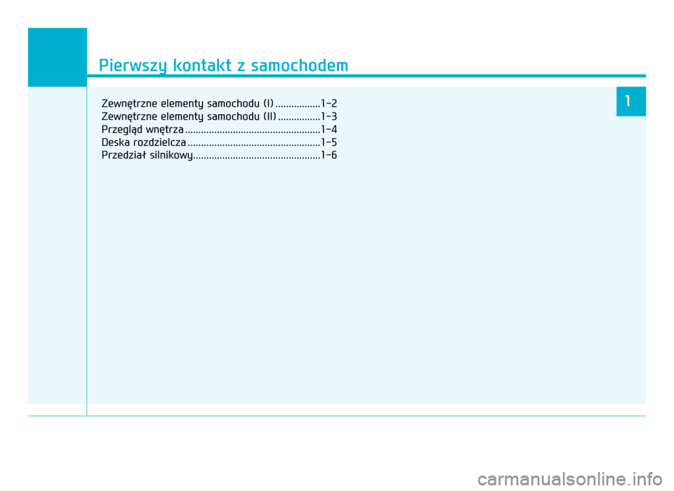 Hyundai Elantra 2016 Instrukcja Obsługi (in Polish) Pierwszy kontakt z samochodem
1
Pierwszy kontakt z samochodem
1Zewnętrzne elementy samochodu (I) .................1-2
Zewnętrzne elementy samochodu (II) ................1-3
Przegląd wnętrza ...... Hyundai Elantra 2016 Instrukcja Obsługi (in Polish) Pierwszy kontakt z samochodem
1
Pierwszy kontakt z samochodem
1Zewnętrzne elementy samochodu (I) .................1-2
Zewnętrzne elementy samochodu (II) ................1-3
Przegląd wnętrza ......