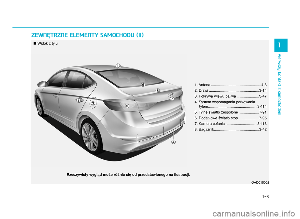 Hyundai Elantra 2016 Instrukcja Obsługi (in Polish) 1-3
Pierwszy kontakt z samochodem
ZEWNĘTRZNE E\fEMENTY SAMOCHODU (II)
1
1. Antena .................................................\f-3
2. Drzwi .................................................3-1\f Hyundai Elantra 2016 Instrukcja Obsługi (in Polish) 1-3
Pierwszy kontakt z samochodem
ZEWNĘTRZNE E\fEMENTY SAMOCHODU (II)
1
1. Antena .................................................\f-3
2. Drzwi .................................................3-1\f