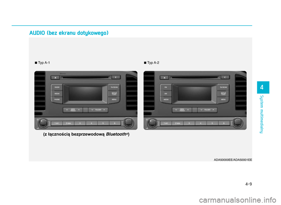 Hyundai Elantra 2016 Instrukcja Obsługi (in Polish) 4-9
System multimedialny
4
audiO (bez ekranu dotykowego)
nTyp A-1nTyp A-2
(z łącznością bezprzewodową Bluetooth?)
ADA50000EE\fADA50001EE
AD PL 4_YF eng 4c-Audio.qxd 1\06-04-19 00:01 Page 9 Hyundai Elantra 2016 Instrukcja Obsługi (in Polish) 4-9
System multimedialny
4
audiO (bez ekranu dotykowego)
nTyp A-1nTyp A-2
(z łącznością bezprzewodową Bluetooth?)
ADA50000EE\fADA50001EE
AD PL 4_YF eng 4c-Audio.qxd 1\06-04-19 00:01 Page 9