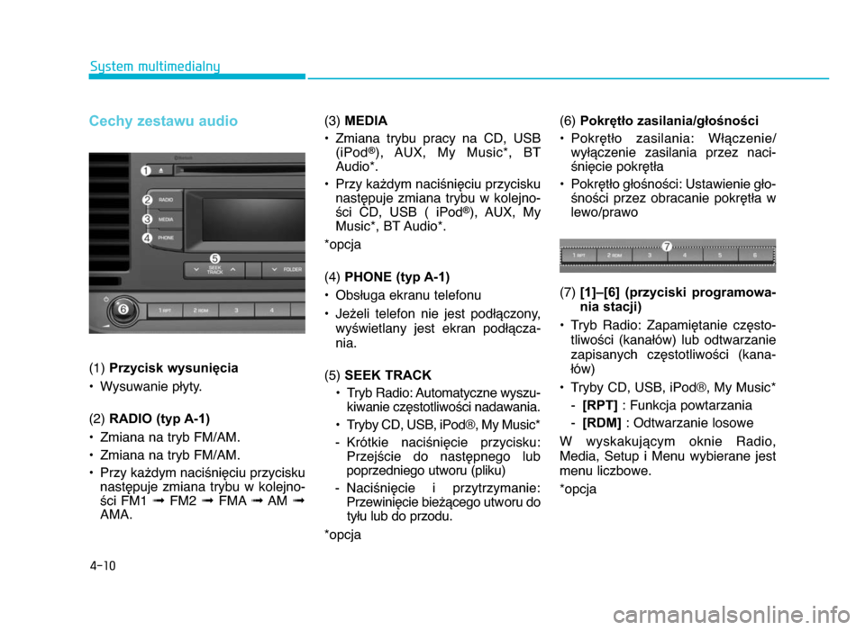Hyundai Elantra 2016 Instrukcja Obsługi (in Polish) 4-10
System multimedialny
Cechy zestawu audio
(1) Przycisk wysunięcia
• Wysuwanie pWyty.
(2) RADIO (typ A-\b)
• Zmiana na tryb FM\fAM.
• Zmiana na tryb FM\fAM.
• Przy ka^dym naci\niZciu pr Hyundai Elantra 2016 Instrukcja Obsługi (in Polish) 4-10
System multimedialny
Cechy zestawu audio
(1) Przycisk wysunięcia
• Wysuwanie pWyty.
(2) RADIO (typ A-\b)
• Zmiana na tryb FM\fAM.
• Zmiana na tryb FM\fAM.
• Przy ka^dym naci\niZciu pr