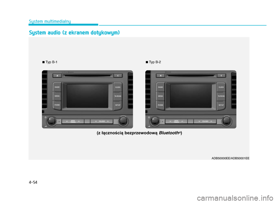Hyundai Elantra 2016  Instrukcja Obsługi (in Polish) 4-54
System multimedialny
\fystem audio (z ekranem dotykowym)
ADB50000EE\fADB50001EE
n
Typ B-1nTyp B-2
(z łącznością bezprzewodową 
Bluetooth?)
AD PL 4_YF eng 4c-Audio.qxd  1\06-04-19  00:01  Pag