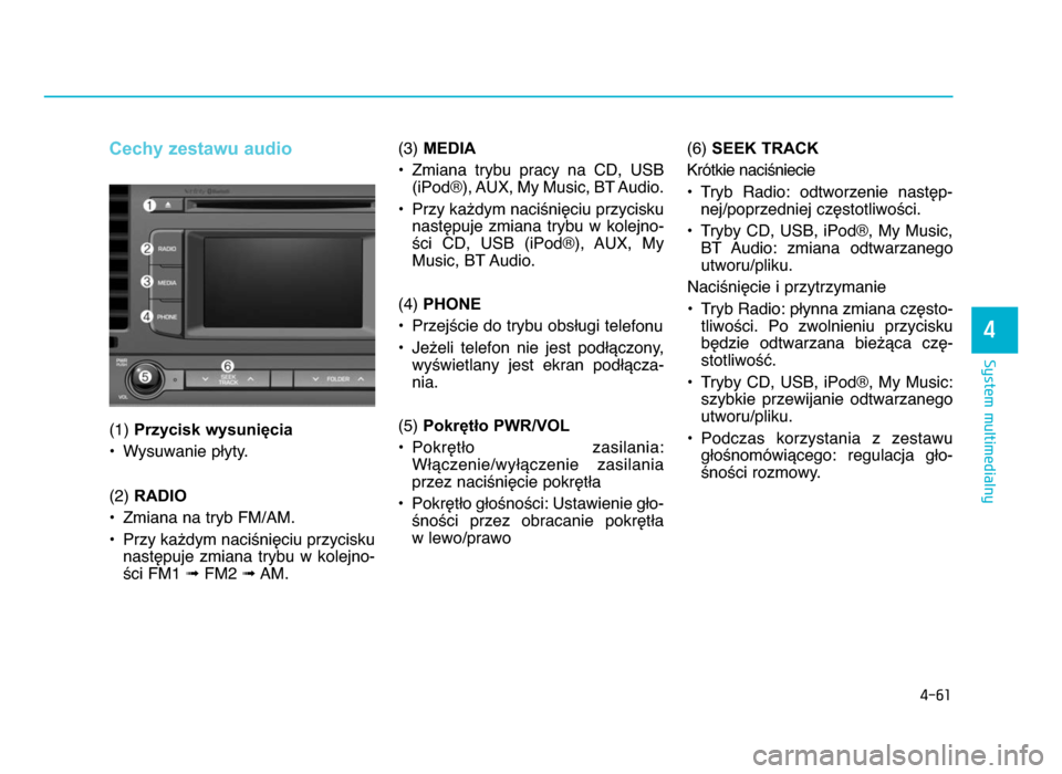 Hyundai Elantra 2016  Instrukcja Obsługi (in Polish) 4-61
System multimedialny
4
Cechy zestawu audio
(1) Przycisk wysunięcia
• Wysuwanie pWyty.
(2)  RADIO
• Zmiana na tryb FM\fAM.
• Przy ka^dym naci\niZciu przycisku nastZpuje  zmiana  trybu  w  k