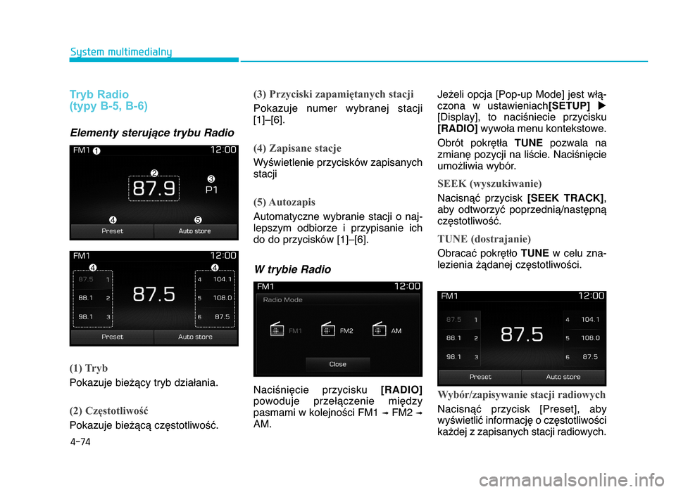 Hyundai Elantra 2016 Instrukcja Obsługi (in Polish) 4-\f4
System multimedialny
Tryb Radio
(typy B-\f, B-6)
Elementy sterujBce trybu Radio(1) Tryb
Pokazuje bie^Ycy tryb dziaWania.
(2) Częstotliwość
Pokazuje bie^YcY czZstotliwo\X.
(3) Przyciski zapa Hyundai Elantra 2016 Instrukcja Obsługi (in Polish) 4-\f4
System multimedialny
Tryb Radio
(typy B-\f, B-6)
Elementy sterujBce trybu Radio(1) Tryb
Pokazuje bie^Ycy tryb dziaWania.
(2) Częstotliwość
Pokazuje bie^YcY czZstotliwo\X.
(3) Przyciski zapa