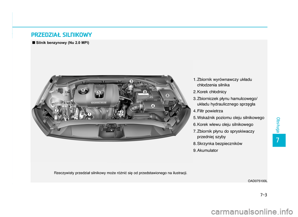 Hyundai Elantra 2016  Instrukcja Obsługi (in Polish) 7-3
7
Obsługa
PRZE\bZIAŁ SILNIKOWY 
OAD075 f00L
nSilnik benzynowy (Nu 2.0 MPI)Rzeczywisty przedział silnikowy może różnić się od przedstawionego na ilustracji.
 f. Zbiornik wyrównawczy uk