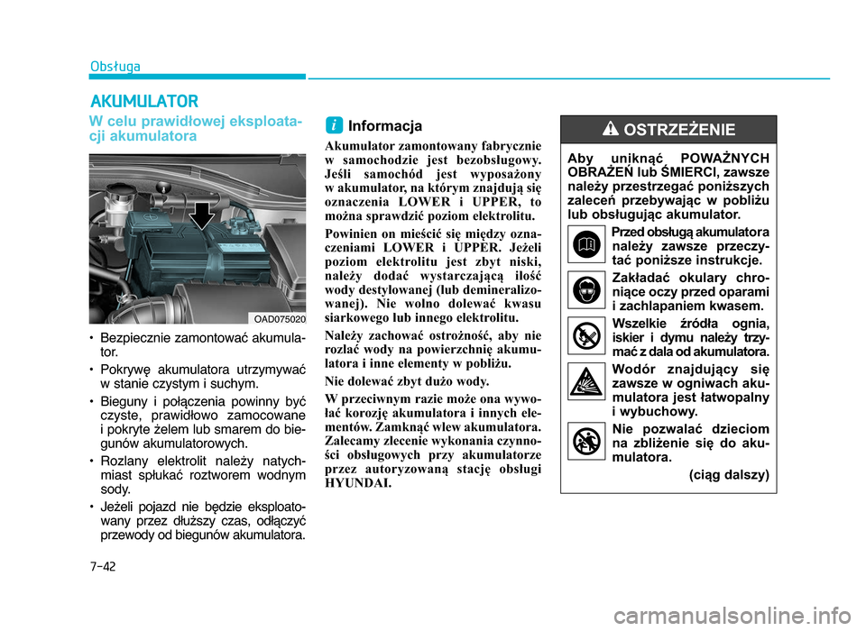 Hyundai Elantra 2016  Instrukcja Obsługi (in Polish) 7-42
Obsługa
AKUMULATOR
W celu prawidłowej eksploata-
cji akumulatora
• Bezpiecznie zamontować akumula btor.
• Pokrywę  akumulatora  utrzymywać w stanie czystym i suchym.
• Bieguny  i  po