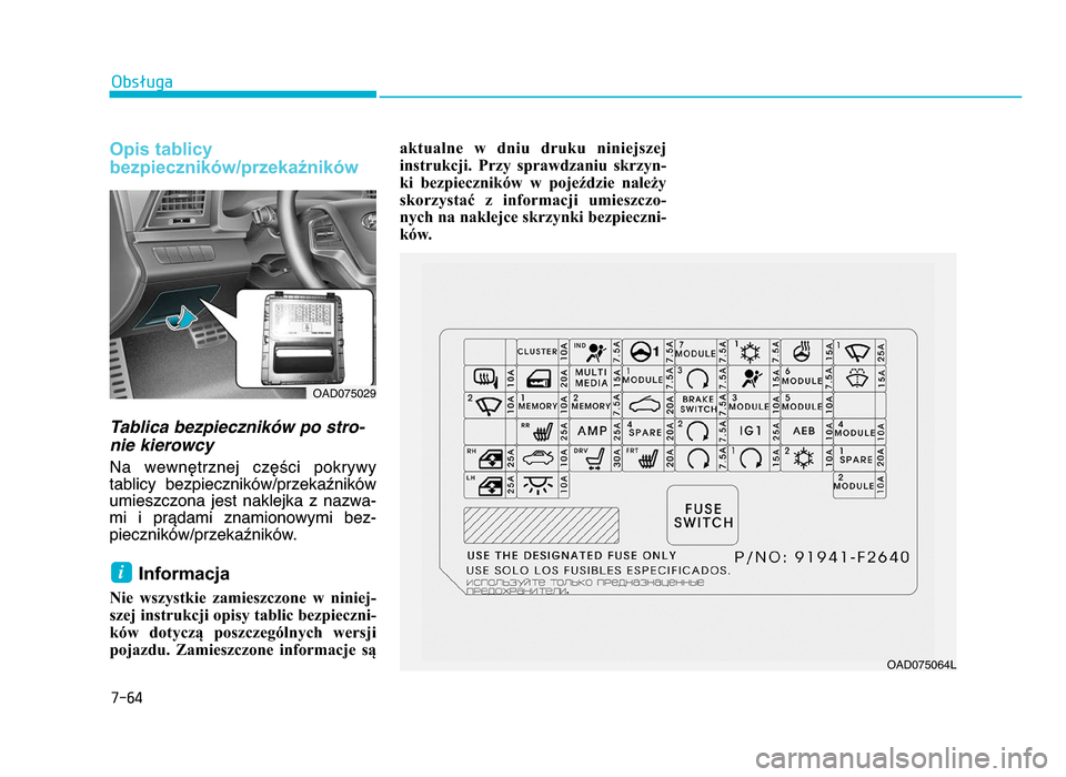Hyundai Elantra 2016  Instrukcja Obsługi (in Polish) 7-64
Obsługa
Opis tablicy
bezpieczników\bprzekaźników
Tablica bezpieczników po stro-
nie kierowcy
Na  wewnętrznej  części  pokrywy
tablicy  bezpieczników/przekaźników
umieszczona  jest  nak