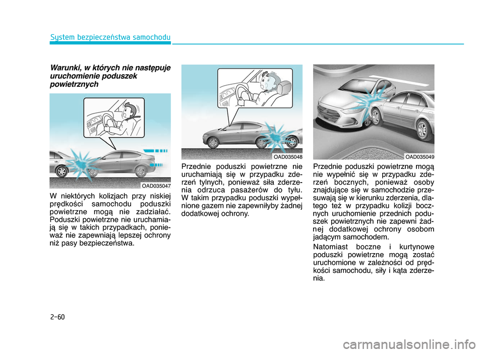 Hyundai Elantra 2016  Instrukcja Obsługi (in Polish) 2-60
System bezpieczeństwa samochodu
Warunki, w których nie następuje
uruchomienie poduszek
powietrznych
W  niektórych  kolizjach  przy  niskiej
prędkości  samochodu  poduszki
powietrzne  mogą 