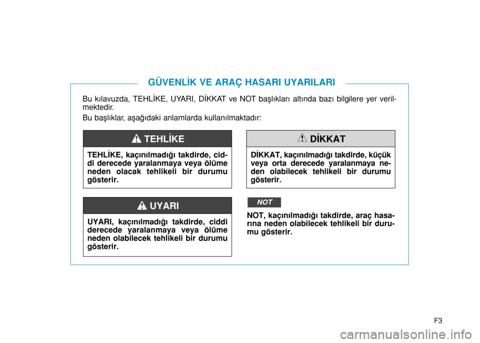 Hyundai Elantra 2016 Kullanım Kılavuzu (in Turkish) F3
Bu kılavuzda, TEHLİKE, UYARI, DİKKAT ve NOT başlıkları altında bazı bilgilere yer veril-
mektedir.
Bu başlıklar, aşağıdaki anlamlarda kullanılmaktadır:
GÜVENLİK VE ARAÇ HASARI UYA Hyundai Elantra 2016 Kullanım Kılavuzu (in Turkish) F3
Bu kılavuzda, TEHLİKE, UYARI, DİKKAT ve NOT başlıkları altında bazı bilgilere yer veril-
mektedir.
Bu başlıklar, aşağıdaki anlamlarda kullanılmaktadır:
GÜVENLİK VE ARAÇ HASARI UYA