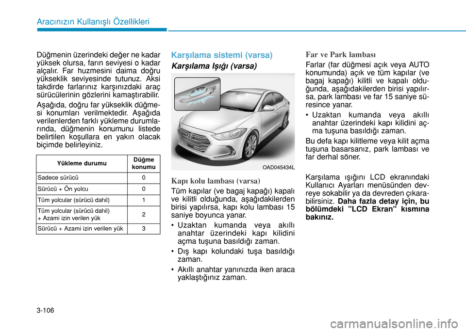 Hyundai Elantra 2016 Kullanım Kılavuzu (in Turkish) 3-106
Aracınızın Kullanışlı Özellikleri
Düğmenin üzerindeki değer ne kadar
yüksek olursa, farın seviyesi o kadar
alçalır. Far huzmesini daima doğru
yükseklik seviyesinde tutunuz. Aksi Hyundai Elantra 2016 Kullanım Kılavuzu (in Turkish) 3-106
Aracınızın Kullanışlı Özellikleri
Düğmenin üzerindeki değer ne kadar
yüksek olursa, farın seviyesi o kadar
alçalır. Far huzmesini daima doğru
yükseklik seviyesinde tutunuz. Aksi