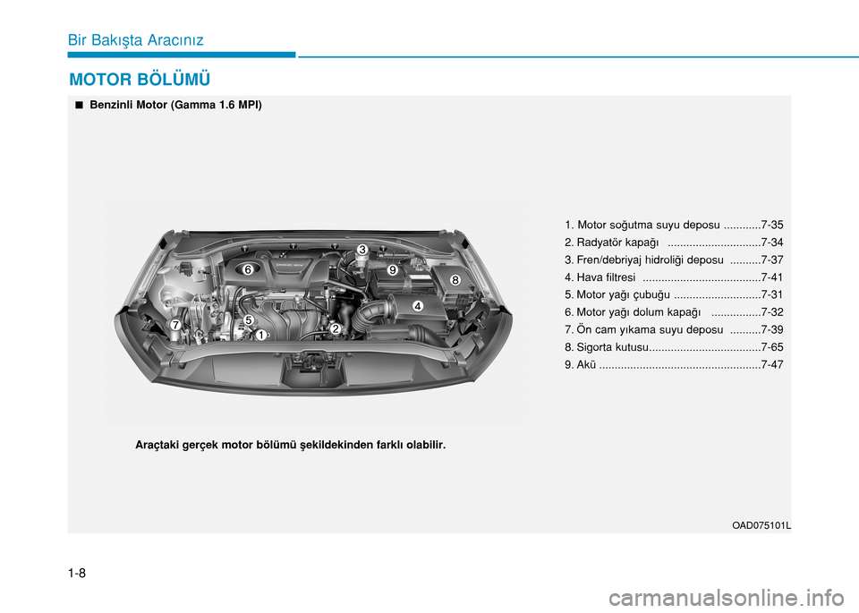 Hyundai Elantra 2016 Kullanım Kılavuzu (in Turkish) MOTOR BÖLÜMÜ
1-8
Bir Bakışta Aracınız
OAD075101L
1. Motor soğutma suyu deposu ............7-35
2. Radyatör kapağı ..............................7-34
3. Fren/debriyaj hidroliği deposu .... Hyundai Elantra 2016 Kullanım Kılavuzu (in Turkish) MOTOR BÖLÜMÜ
1-8
Bir Bakışta Aracınız
OAD075101L
1. Motor soğutma suyu deposu ............7-35
2. Radyatör kapağı ..............................7-34
3. Fren/debriyaj hidroliği deposu ....