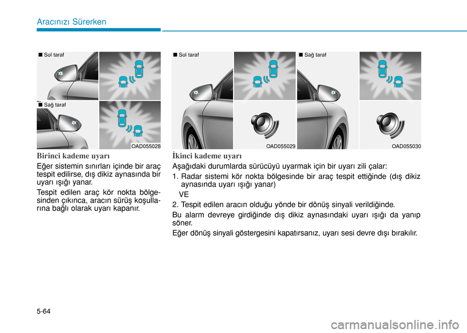 Hyundai Elantra 2016 Kullanım Kılavuzu (in Turkish) 5-64
Aracınızı Sürerken
Birinci kademe uyarı
Eğer sistemin sınırları içinde bir araç
tespit edilirse, dış dikiz aynasında bir
uyarı ışığı yanar.
Tespit edilen araç kör nokta böl Hyundai Elantra 2016 Kullanım Kılavuzu (in Turkish) 5-64
Aracınızı Sürerken
Birinci kademe uyarı
Eğer sistemin sınırları içinde bir araç
tespit edilirse, dış dikiz aynasında bir
uyarı ışığı yanar.
Tespit edilen araç kör nokta böl