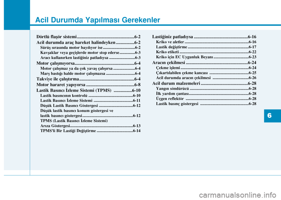 Hyundai Elantra 2016 Kullanım Kılavuzu (in Turkish) Acil Durumda Yapılması Gerekenler
Dörtlü flaşör sistemi ..................................................6-2
Acil durumda araç hareket halindeyken ................6-2
Sürüş sırasında moto Hyundai Elantra 2016 Kullanım Kılavuzu (in Turkish) Acil Durumda Yapılması Gerekenler
Dörtlü flaşör sistemi ..................................................6-2
Acil durumda araç hareket halindeyken ................6-2
Sürüş sırasında moto