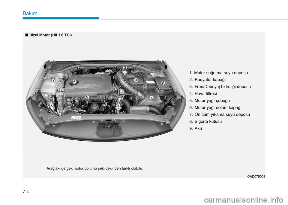 Hyundai Elantra 2016 Kullanım Kılavuzu (in Turkish) 7-4
Bakım
1. Motor soğutma suyu deposu
2. Radyatör kapağı
3. Fren/Debriyaj hidroliği deposu
4. Hava filtresi
5. Motor yağı çubuğu
6. Motor yağı dolum kapağı
7. Ön cam yıkama suyu depos Hyundai Elantra 2016 Kullanım Kılavuzu (in Turkish) 7-4
Bakım
1. Motor soğutma suyu deposu
2. Radyatör kapağı
3. Fren/Debriyaj hidroliği deposu
4. Hava filtresi
5. Motor yağı çubuğu
6. Motor yağı dolum kapağı
7. Ön cam yıkama suyu depos