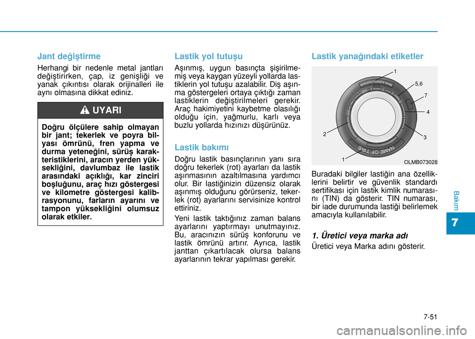 Hyundai Elantra 2016 Kullanım Kılavuzu (in Turkish) 7-51
7
Bakım
Jant değiştirme
Herhangi bir nedenle metal jantları
değiştirirken, çap, iz genişliği ve
yanak çıkıntısı olarak orijinalleri ile
aynı olmasına dikkat ediniz.
Lastik yol t Hyundai Elantra 2016 Kullanım Kılavuzu (in Turkish) 7-51
7
Bakım
Jant değiştirme
Herhangi bir nedenle metal jantları
değiştirirken, çap, iz genişliği ve
yanak çıkıntısı olarak orijinalleri ile
aynı olmasına dikkat ediniz.
Lastik yol t