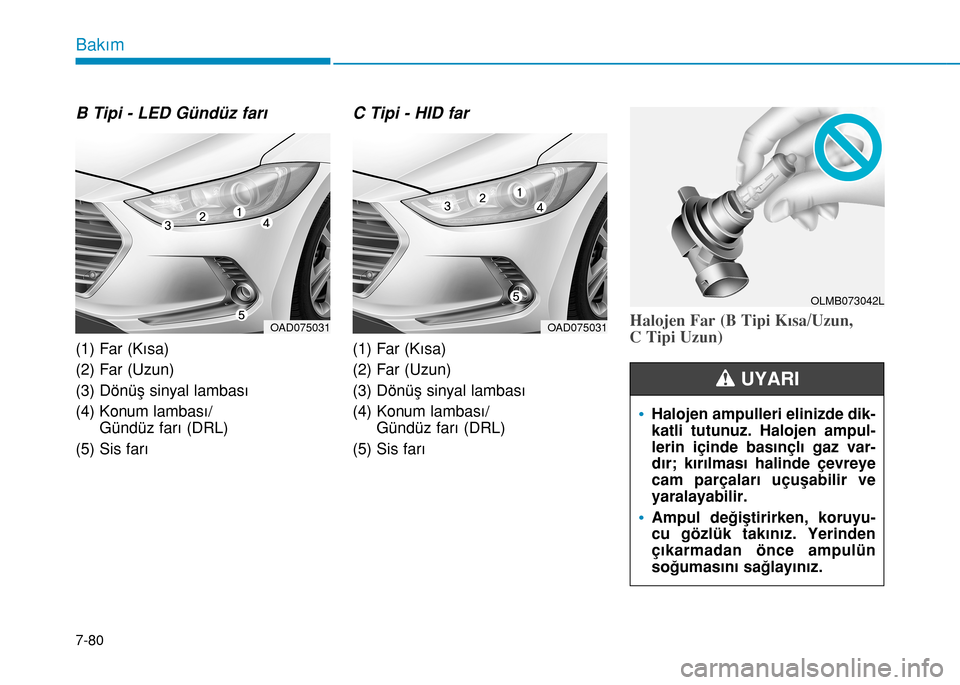 Hyundai Elantra 2016 Kullanım Kılavuzu (in Turkish) 7-80
Bakım
B Tipi - LED Gündüz farı
(1) Far (Kısa)
(2) Far (Uzun)
(3) Dönüş sinyal lambası
(4) Konum lambası/
Gündüz farı (DRL)
(5) Sis farı
C Tipi - HID far
(1) Far (Kısa)
(2) Far (Uzu Hyundai Elantra 2016 Kullanım Kılavuzu (in Turkish) 7-80
Bakım
B Tipi - LED Gündüz farı
(1) Far (Kısa)
(2) Far (Uzun)
(3) Dönüş sinyal lambası
(4) Konum lambası/
Gündüz farı (DRL)
(5) Sis farı
C Tipi - HID far
(1) Far (Kısa)
(2) Far (Uzu