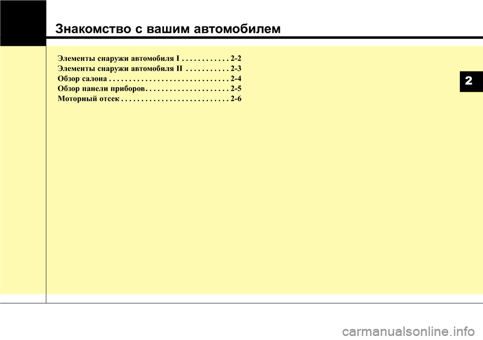 Hyundai Elantra 2016  Инструкция по эксплуатации (in Russian) Знакомство с вашим автомобилем
Элементы снаружи автомобиля I . . . . . . . . . . . . 2-2
Элементы снаружи автомобиля II . .