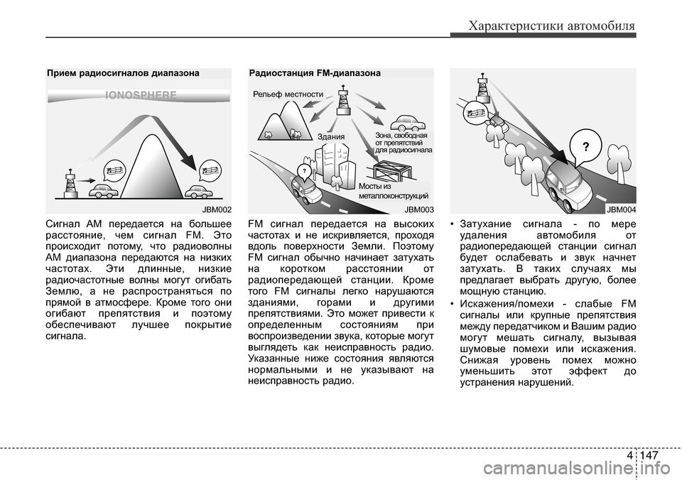Hyundai Elantra 2016 Инструкция по эксплуатации (in Russian) 4147
Характеристики автомобиля
Сигнал AM передается на большее
расстояние, чем сигнал FM. Это
происходит потому, Hyundai Elantra 2016 Инструкция по эксплуатации (in Russian) 4147
Характеристики автомобиля
Сигнал AM передается на большее
расстояние, чем сигнал FM. Это
происходит потому,