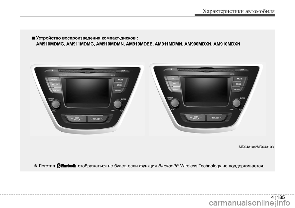 Hyundai Elantra 2016 Инструкция по эксплуатации (in Russian) 4185
Характеристики автомобиля
■ Устройство воспроизведения компакт-дисков :
AM910MDMG, AM911MDMG, AM910MDMN, AM910MDEE, AM911MDMN, AM90 Hyundai Elantra 2016 Инструкция по эксплуатации (in Russian) 4185
Характеристики автомобиля
■ Устройство воспроизведения компакт-дисков :
AM910MDMG, AM911MDMG, AM910MDMN, AM910MDEE, AM911MDMN, AM90