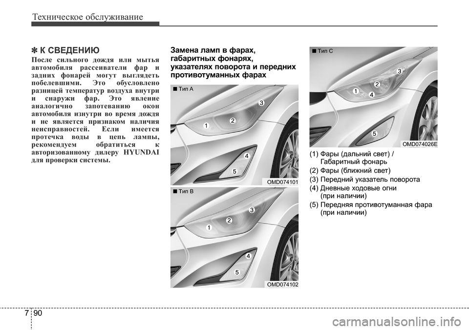 Hyundai Elantra 2016  Инструкция по эксплуатации (in Russian) Техническое обслуживание
90 7
✽К СВЕДЕНИЮ
После сильного дождя или мытья
автомобиля рассеиватели фар и
задни
