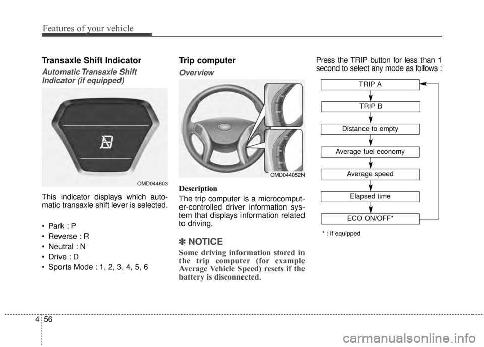 Hyundai Elantra 2015  Owners Manual Features of your vehicle
56
4
Transaxle Shift Indicator
Automatic Transaxle  Shift
Indicator (if equipped)
This indicator displays which auto-
matic transaxle shift lever is selected.

 Reverse : R
 N