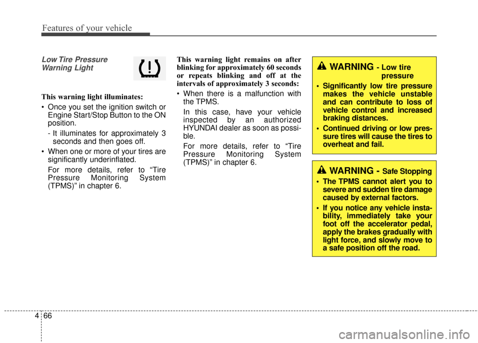 Hyundai Elantra 2015  Owners Manual Features of your vehicle
66
4
Low Tire  Pressure
Warning Light 
This warning light illuminates:
 Once you set the ignition switch or Engine Start/Stop Button to the ON
position.
- It illuminates for a