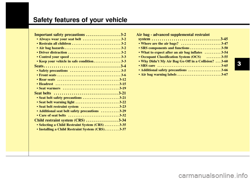 Hyundai Elantra 2015 User Guide Safety features of your vehicle
Important safety precautions . . . . . . . . . . . . . . . . . 3-2
• Always wear your seat belt  . . . . . . . . . . . . . . . . . . . . . 3-2
 . . . . . . . . . . . 