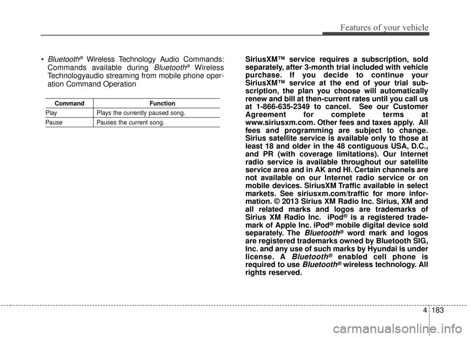 Hyundai Elantra 2015 Owners Manual 4183
Features of your vehicle
Bluetooth®Wireless Technology Audio Commands:
Commands available during
Bluetooth®Wireless
Technologyaudio streaming from mobile phone oper-
ation Command Operation
Co Hyundai Elantra 2015 Owners Manual 4183
Features of your vehicle
Bluetooth®Wireless Technology Audio Commands:
Commands available during
Bluetooth®Wireless
Technologyaudio streaming from mobile phone oper-
ation Command Operation
Co
