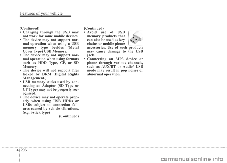 Hyundai Elantra 2015  Owners Manual Features of your vehicle
206
4
(Continued)
• Charging through the USB may
not work for some mobile devices.
• The device may not support nor- mal operation when using a USB
memory type besides (Me