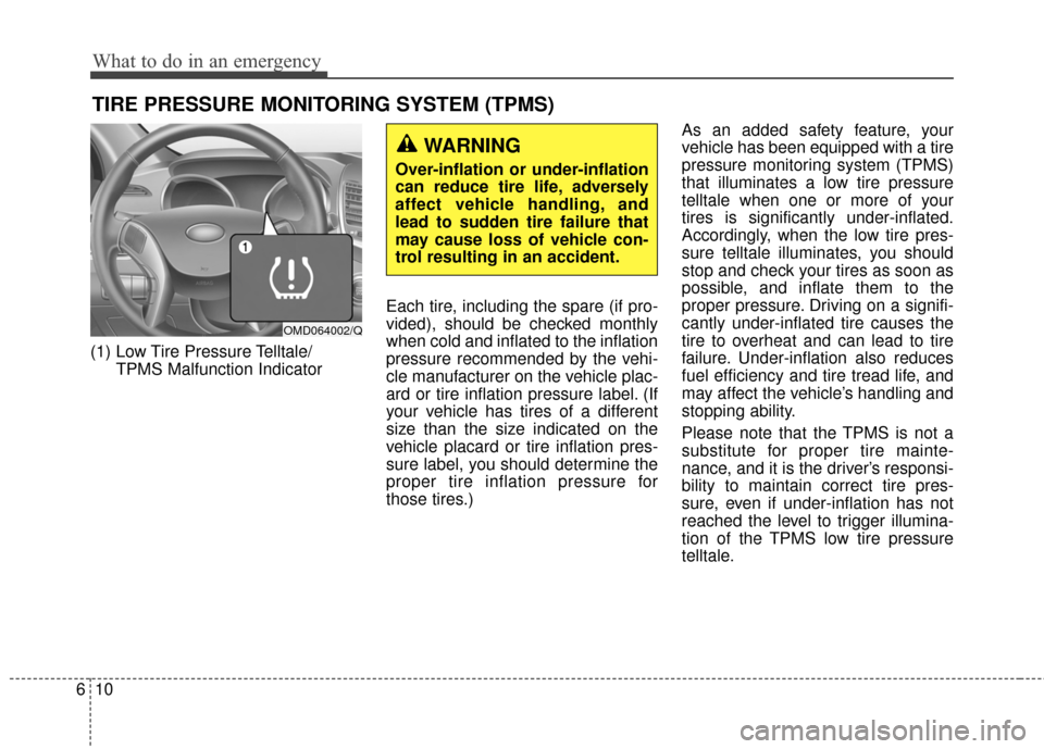 Hyundai Elantra 2015  Owners Manual (1) Low Tire Pressure Telltale/TPMS Malfunction Indicator Each tire, including the spare (if pro-
vided), should be checked monthly
when cold and inflated to the inflation
pressure recommended by the 